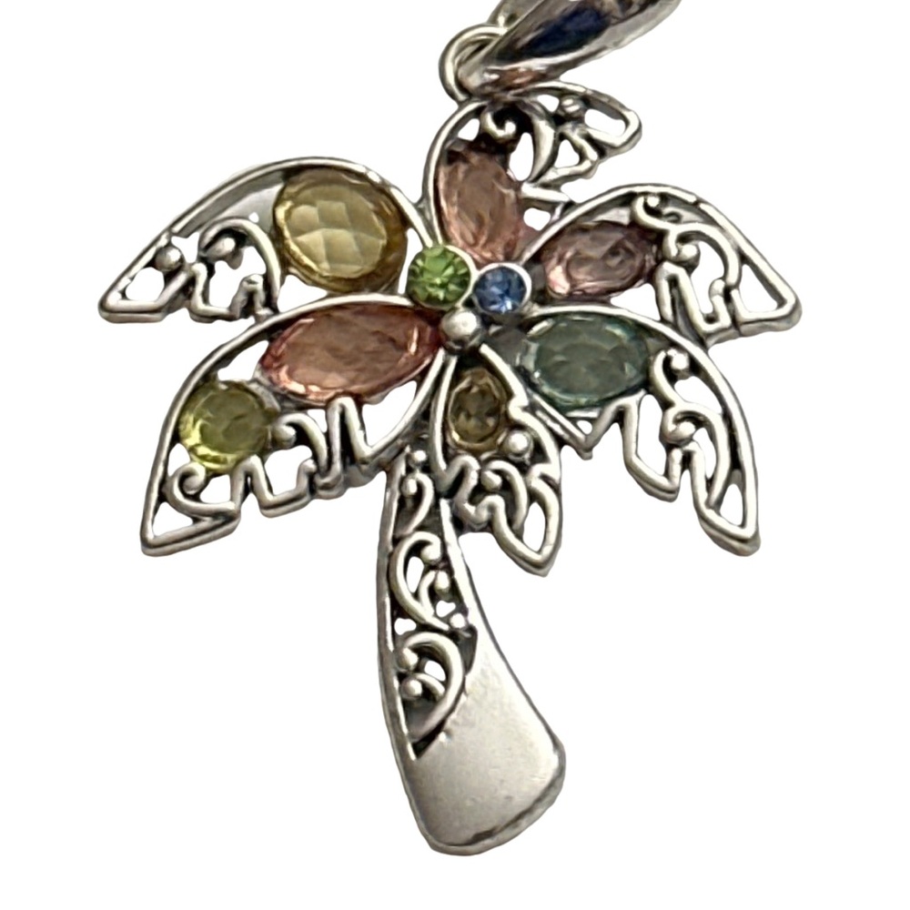 VINTAGE silver palm tree necklace pendant with colourful gems.